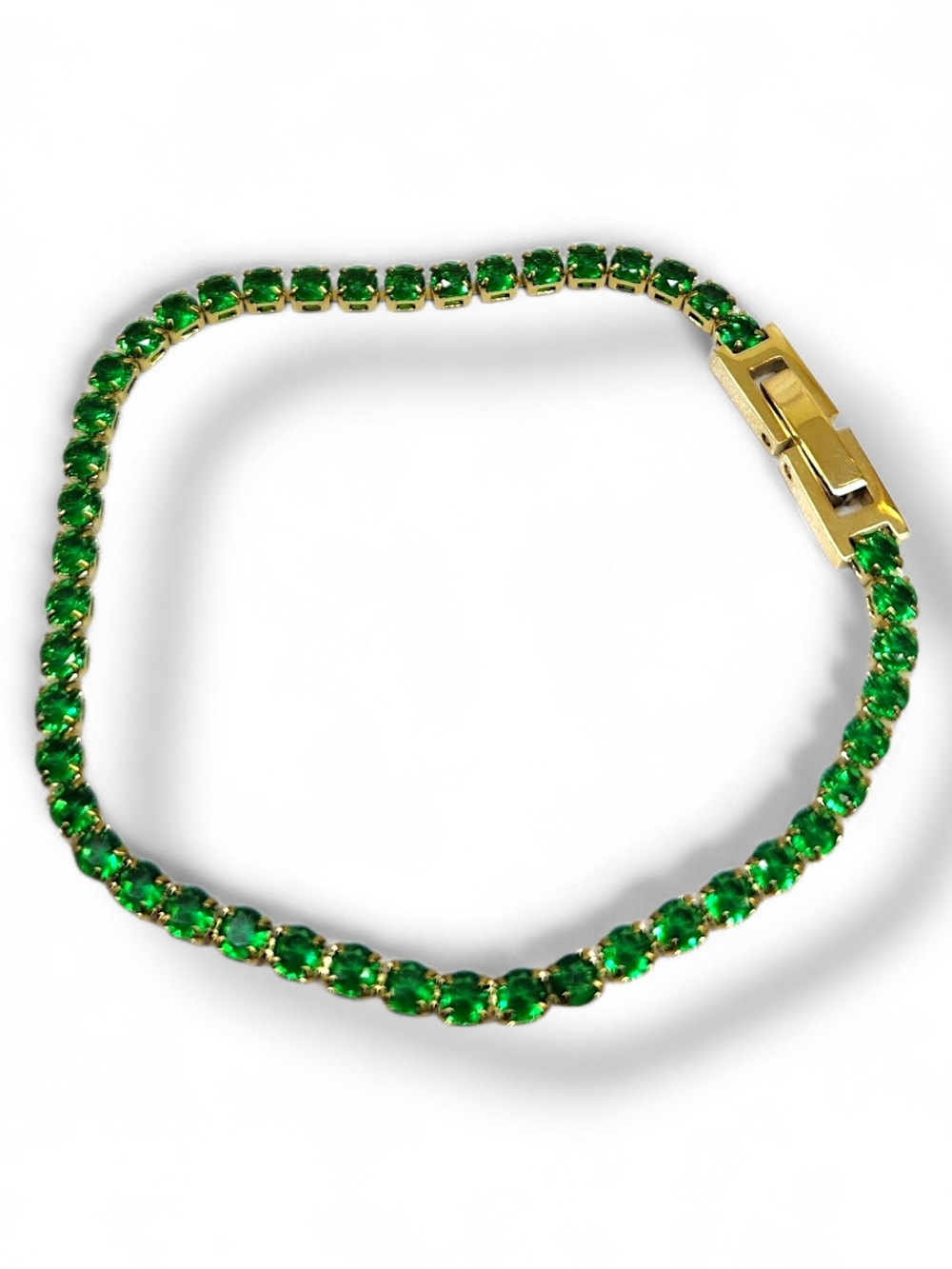Gold Stainless Steel Tennis Bracelet with Emerald Green Stones - Women Jewelry